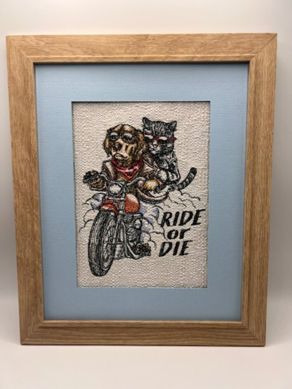 Homemade Ride Or Die Dog & Cat 8X10 Framed Embroidery Art
